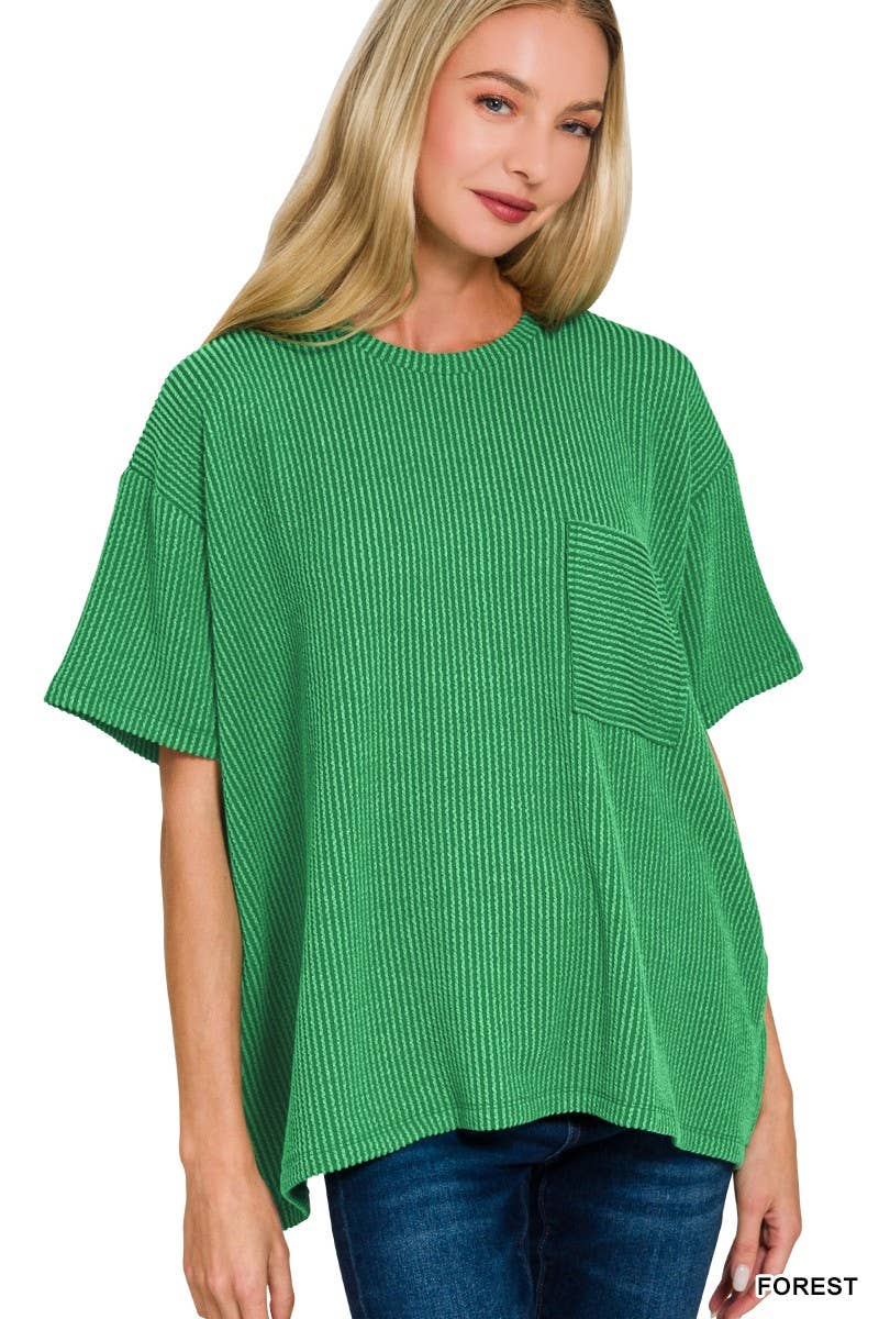 Corded Rib Short Sleeve Front Pocket Top- kelly green