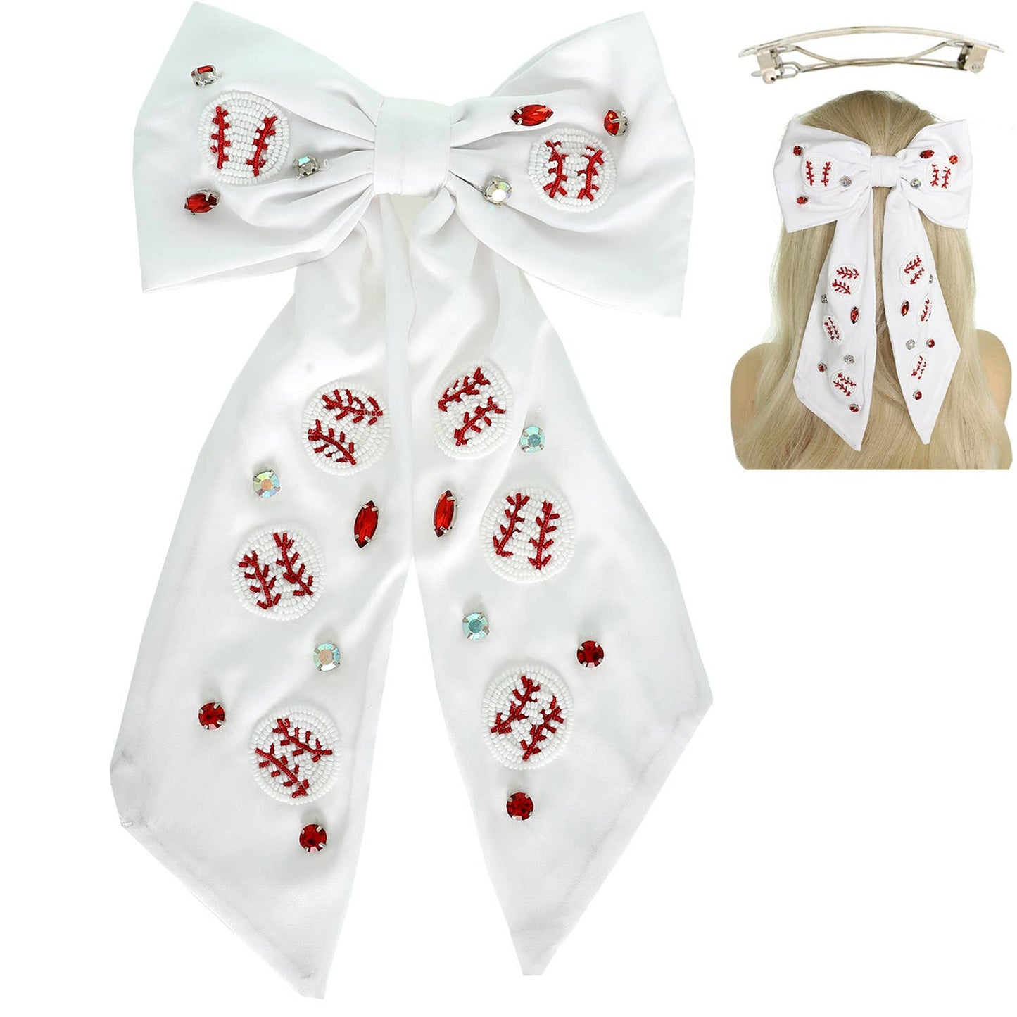 Baseball Embroidered Bow Barrette Hair Clip