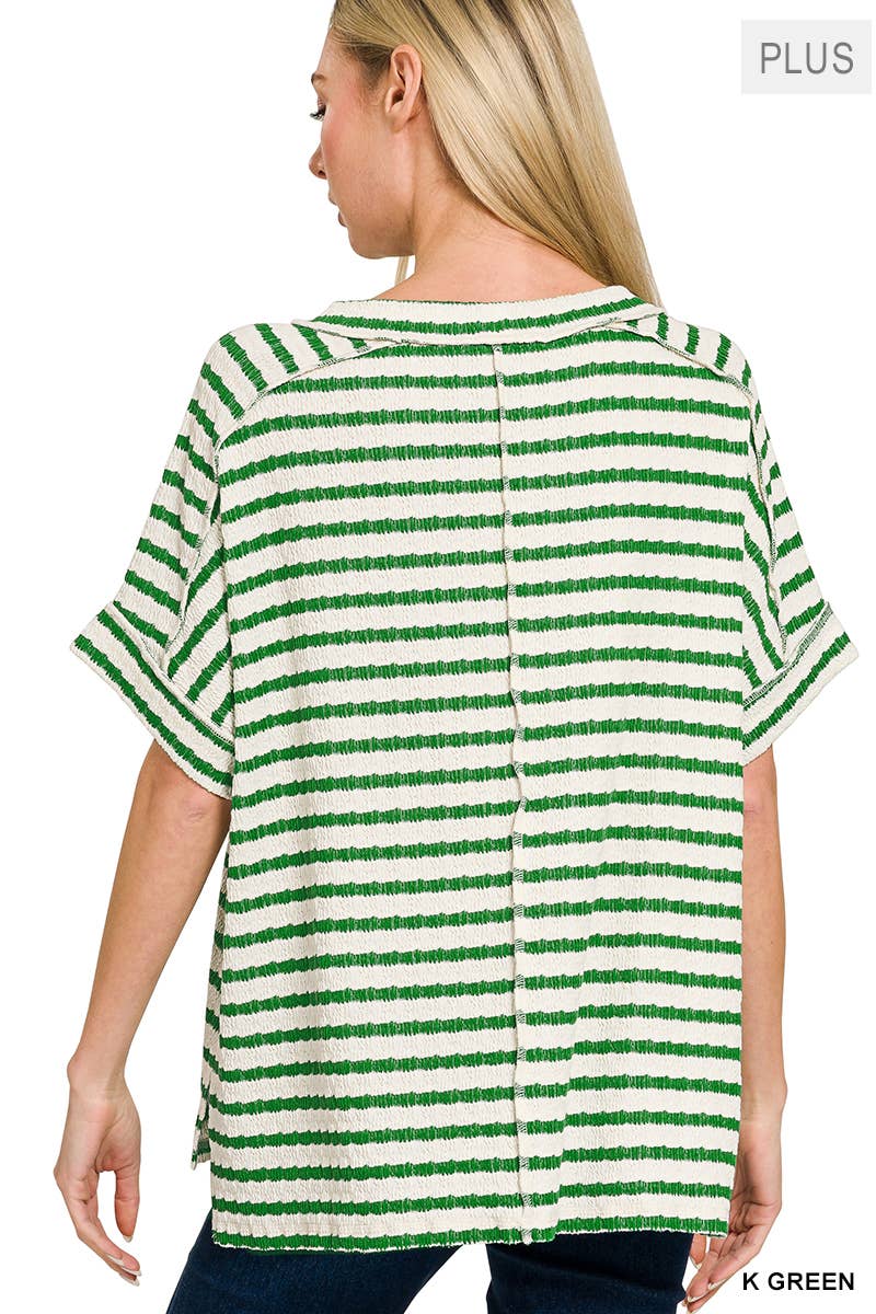 Plus Striped Short Sleeve Hi-low Tee- green
