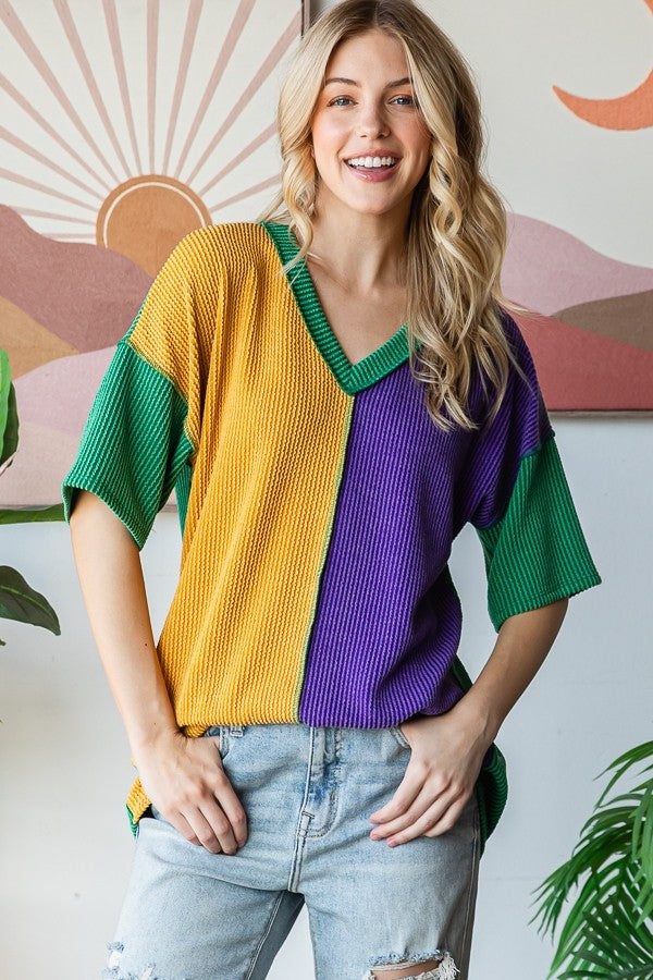 Mardi Gras V-neck Color block top