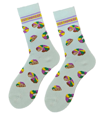 White Let Them Eat King Cake Ribbed Socks- YOUTH