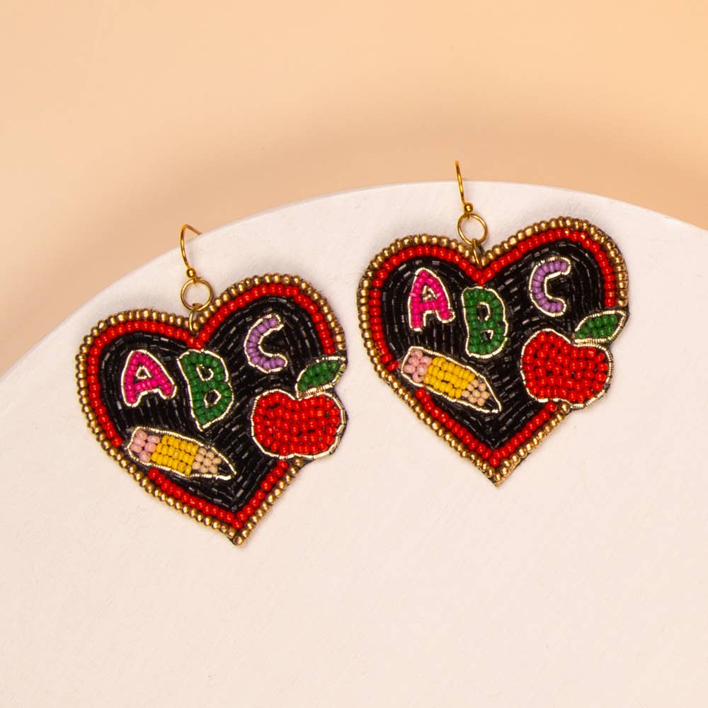 School Theme ABC Heart Chalkboard Bead Dangle Earrings