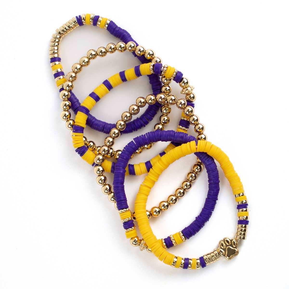 Paw Print Bead Bracelet Stack Purple/Yellow/Gold 7"