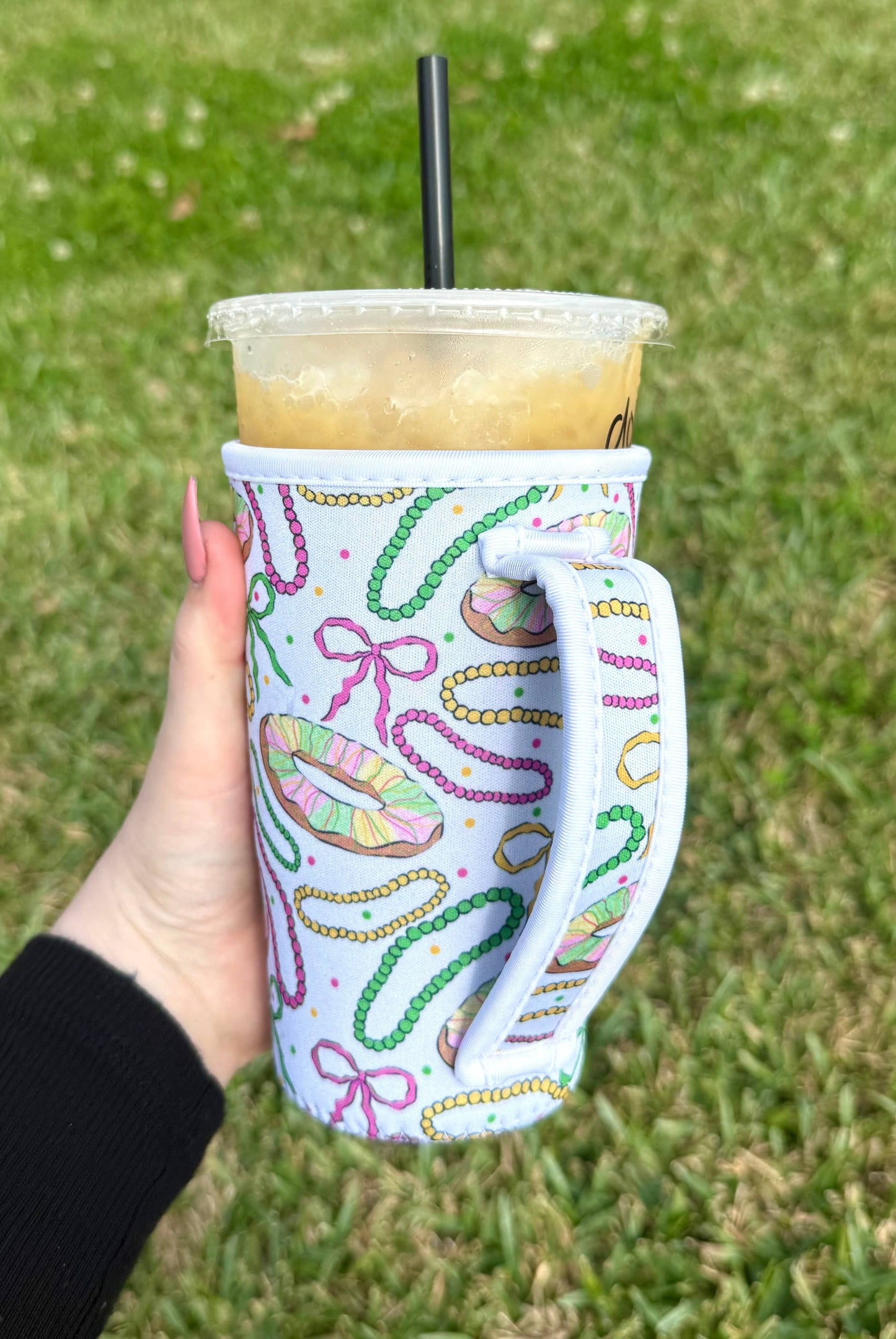 Fuchsia King Cake/Bead/Bow Large Cup Sleeve With Handle