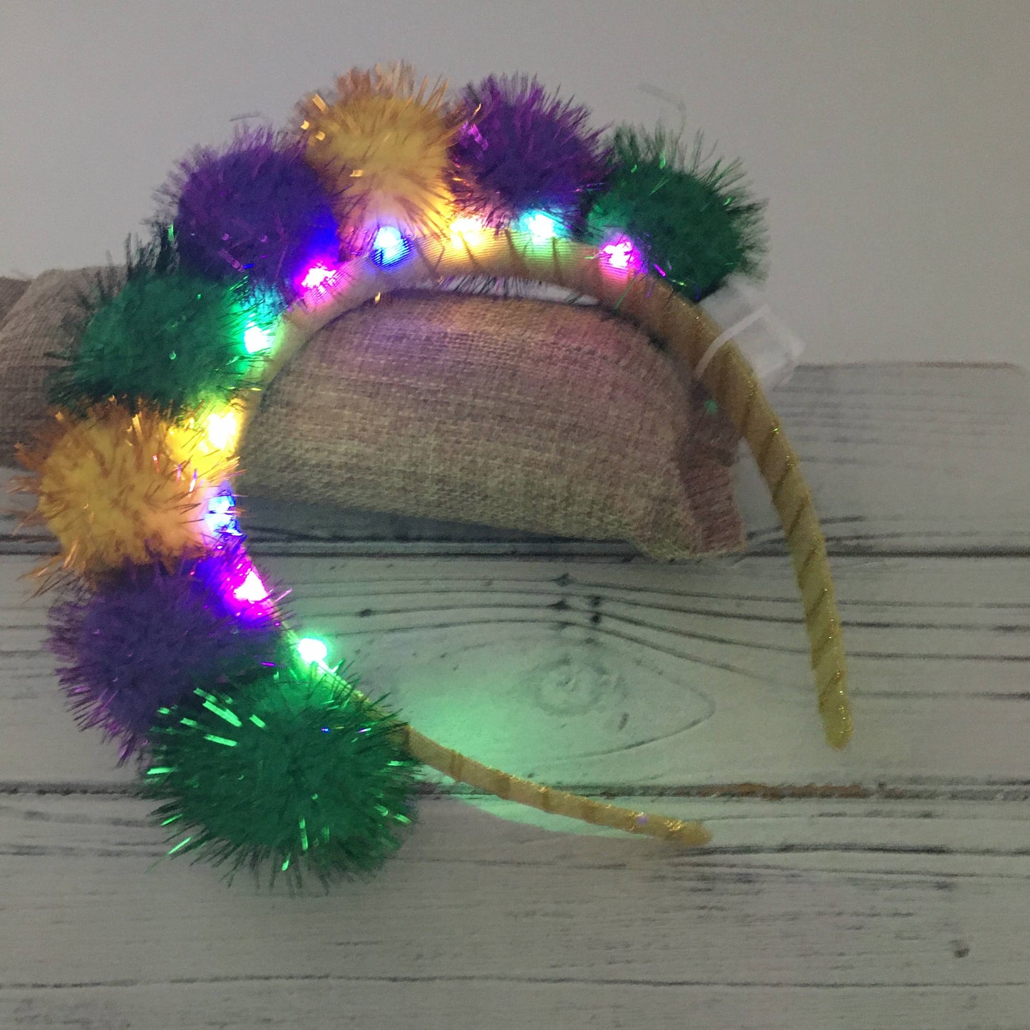 Mardi Gras light up pompom headband