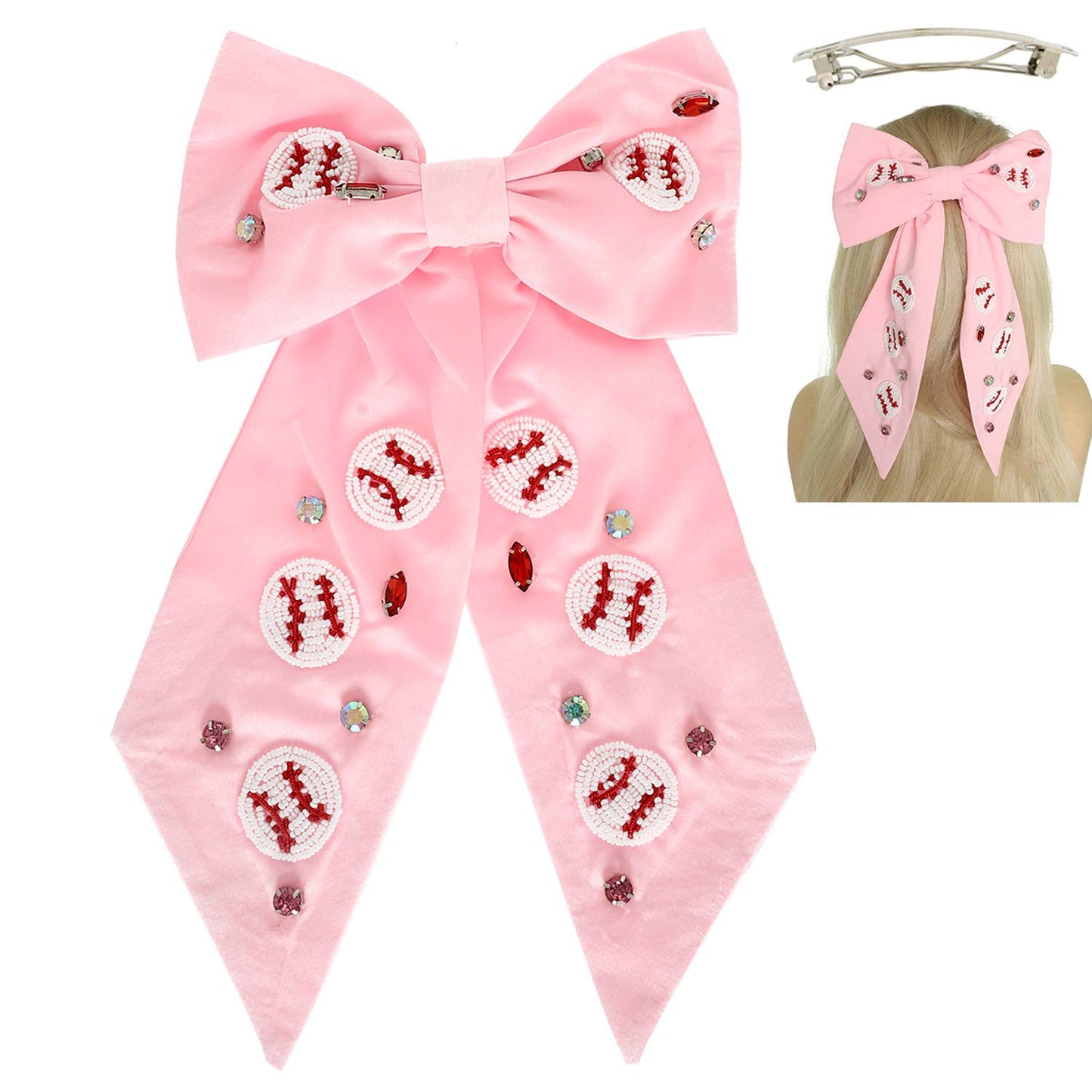 Baseball Embroidered Bow Barrette Hair Clip
