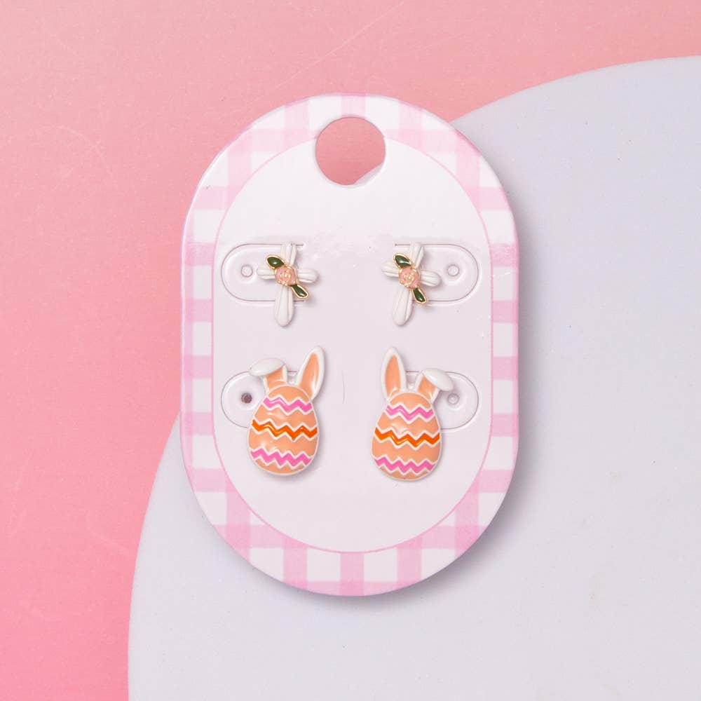 Easter Bunny Egg & Dragonfly with Flower Stud Earrings Set