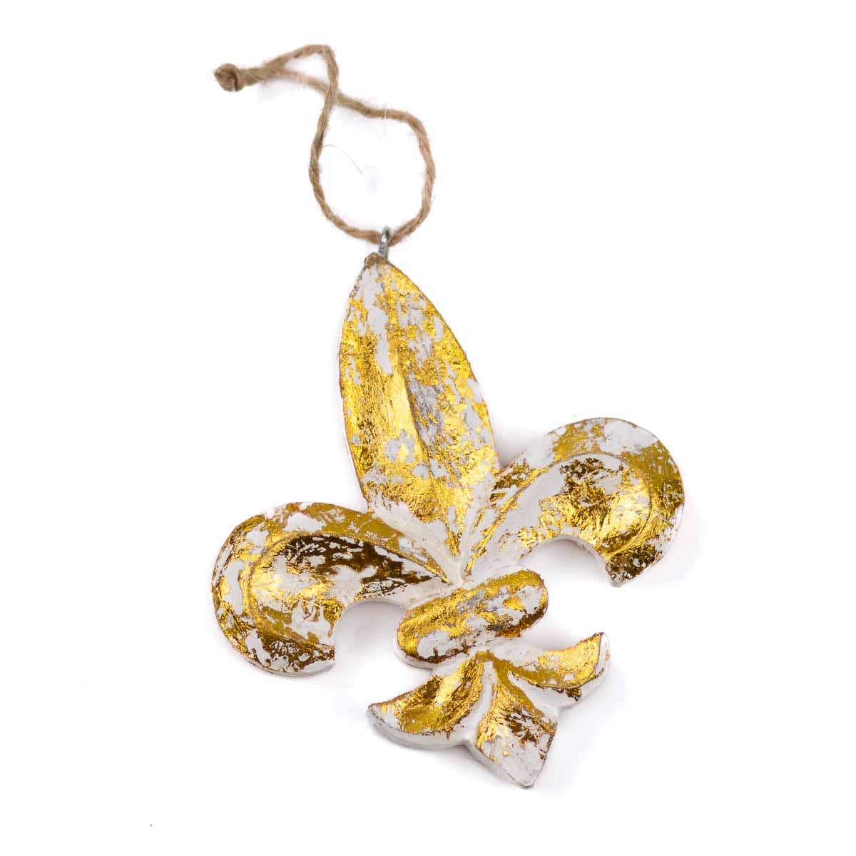 Carved Fleur Ornament White Washed Gold
