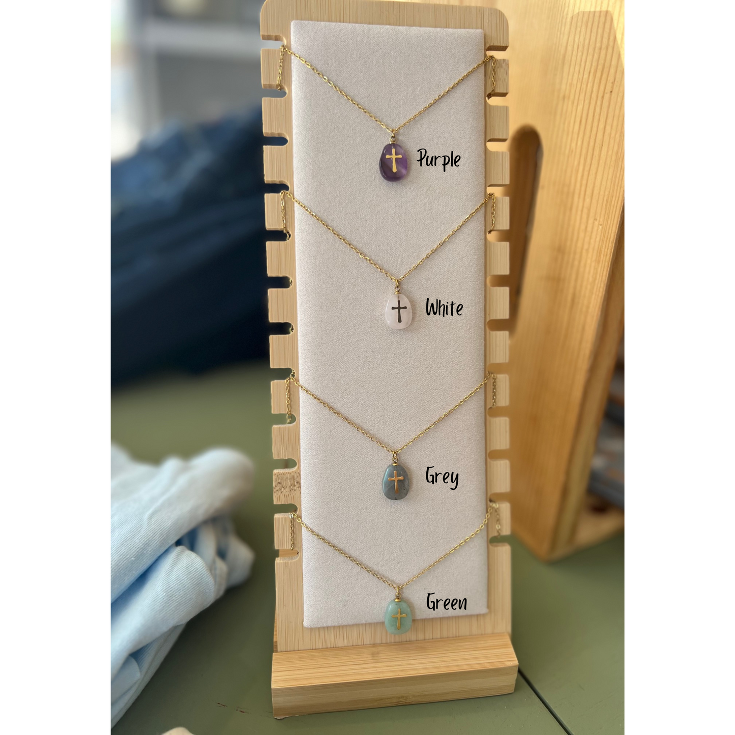 Natural Stone Stainless Steel Cross Pendant Necklace