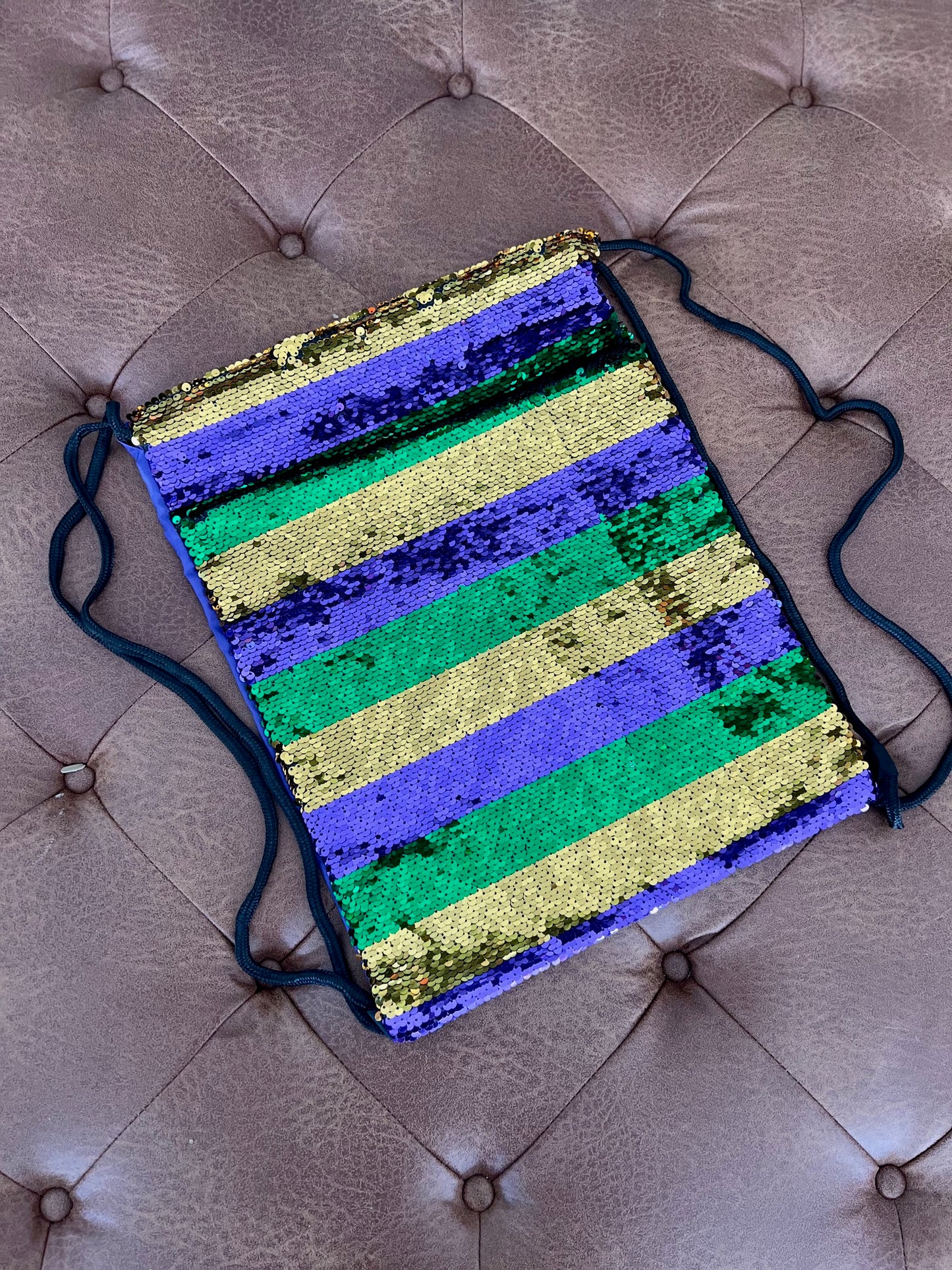 Mardi Gras Striped Sequin Drawstring Bag