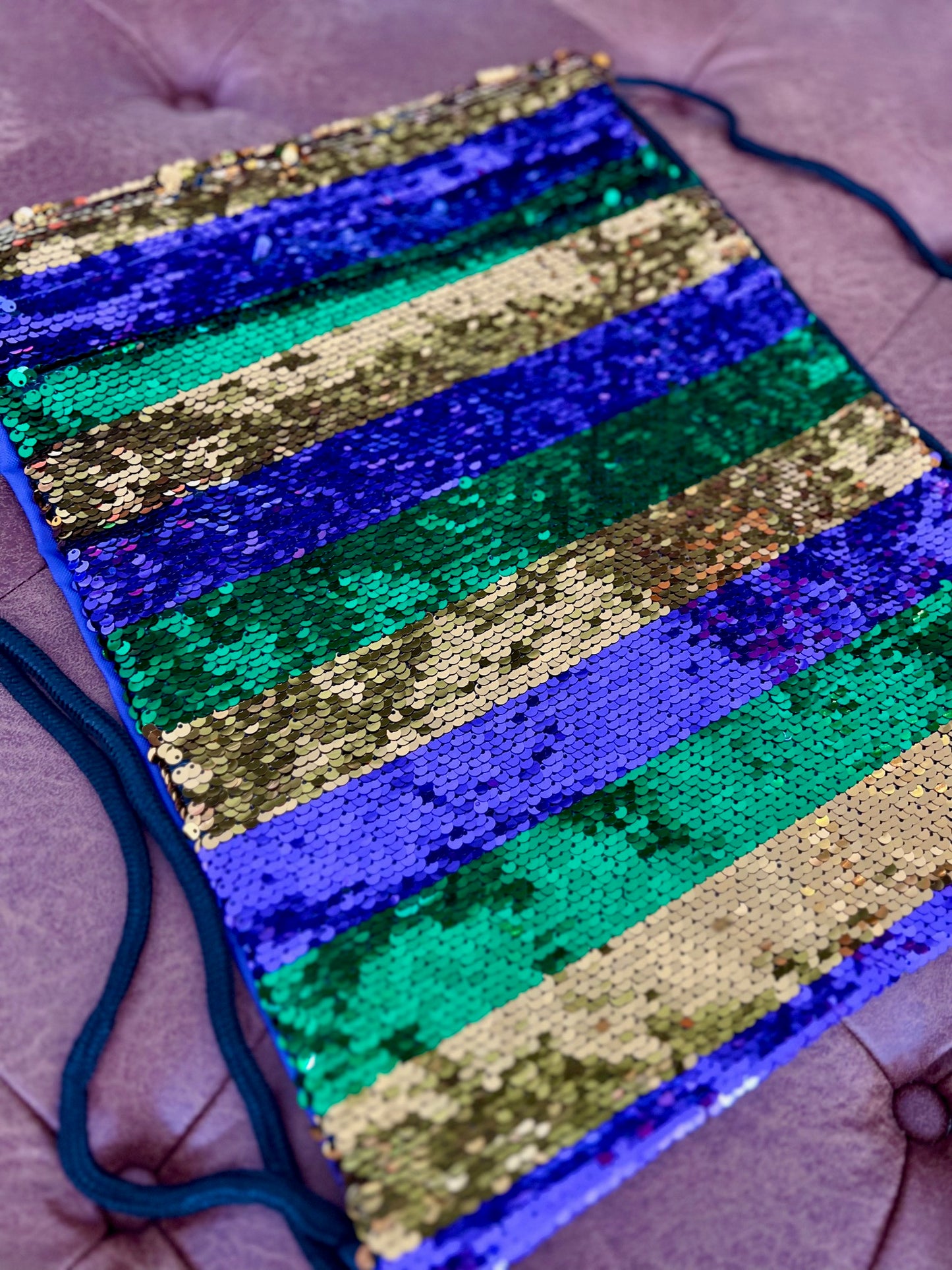 Mardi Gras Striped Sequin Drawstring Bag