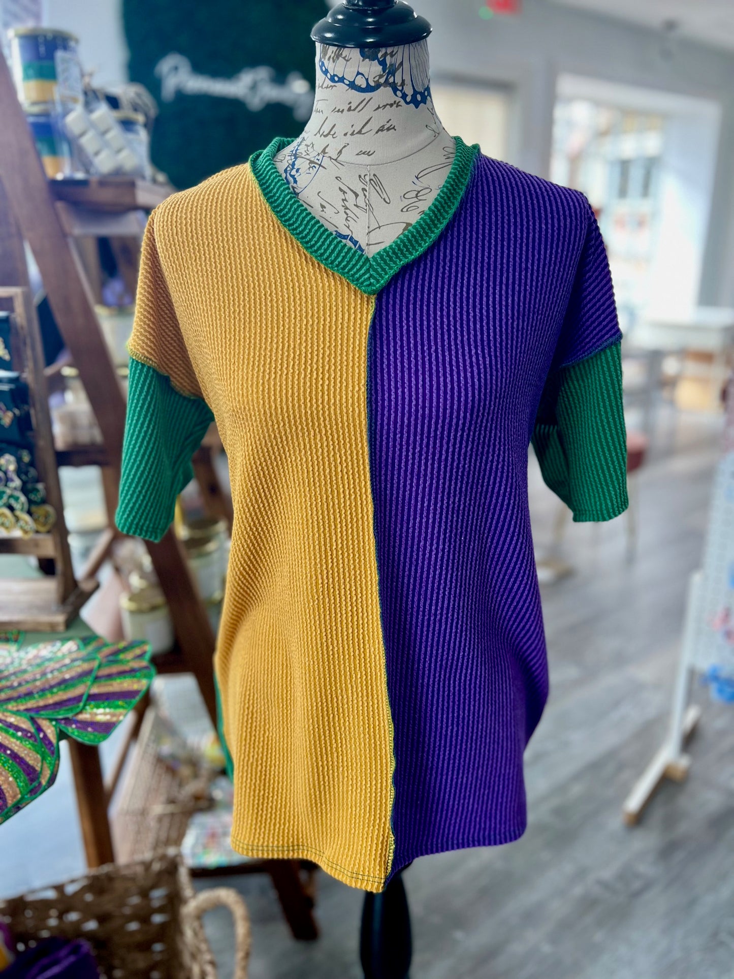 Mardi Gras V-neck Color block top
