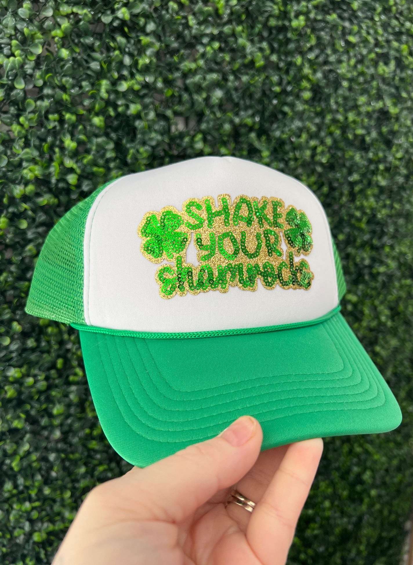 Shake your shamrocks Sequin trucker hat