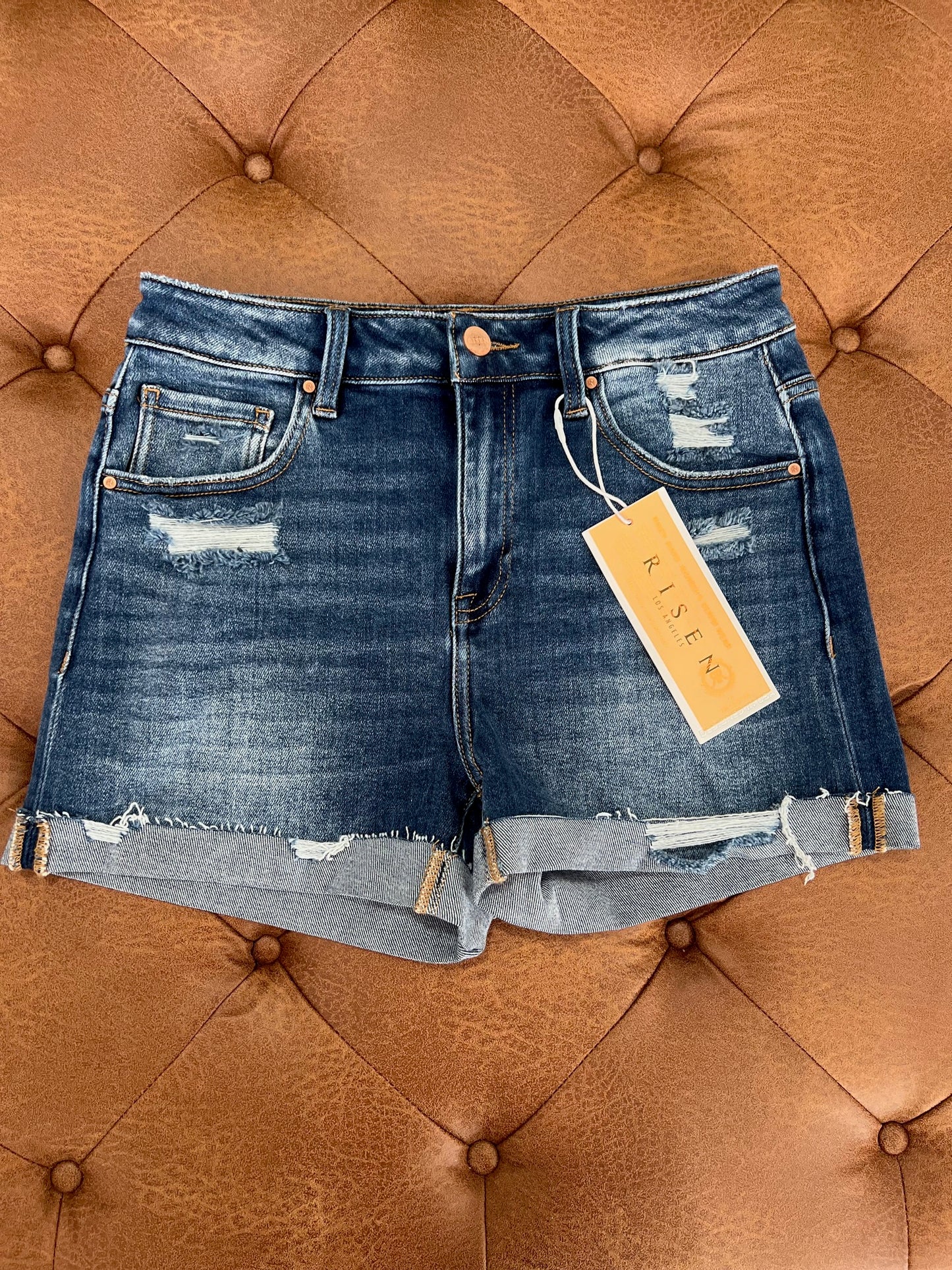 Mid Rise Risen Distressed Shorts
