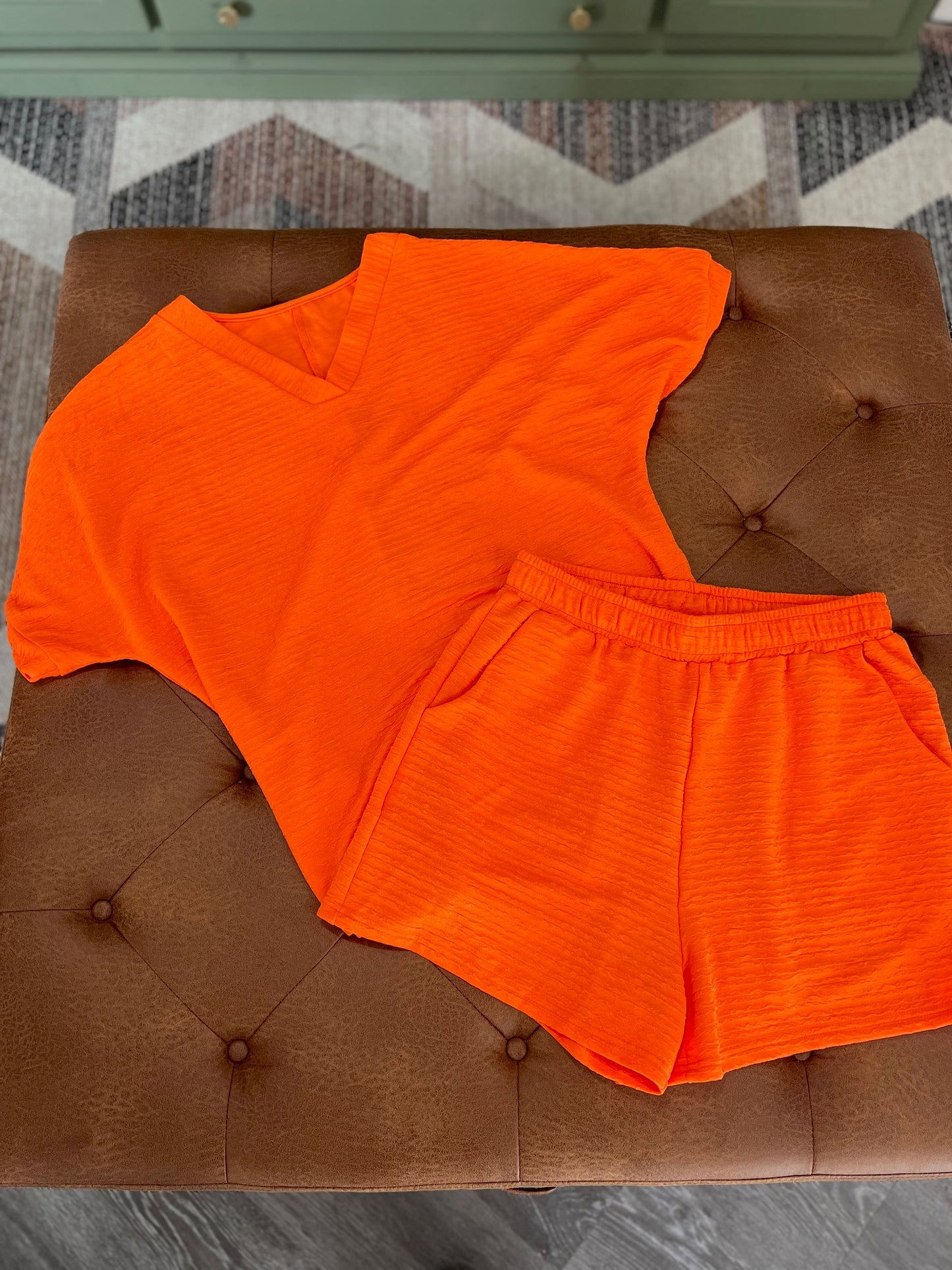 Orange Textured V Neck T Shirt and Shorts Set