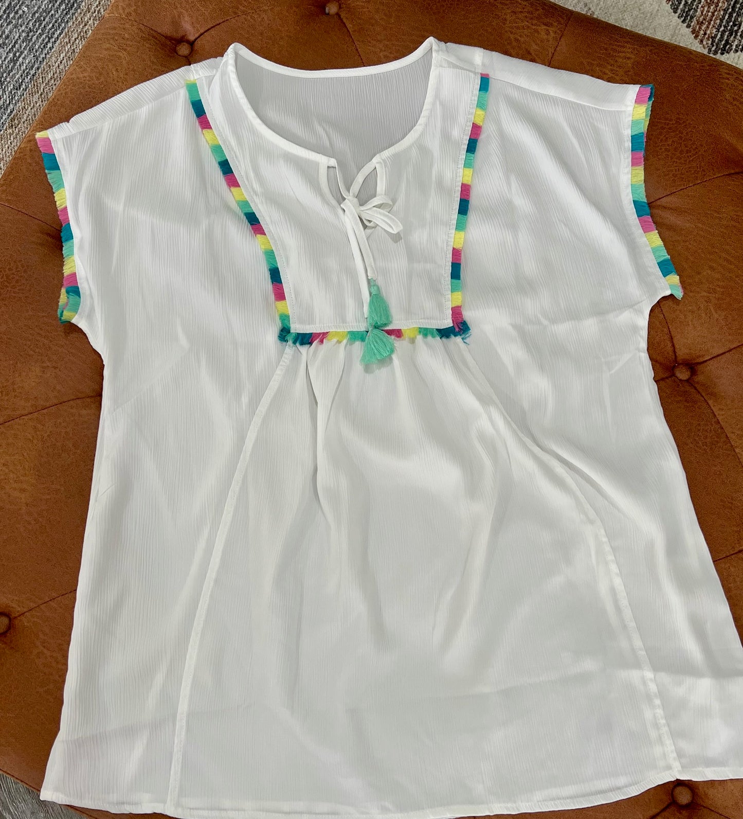 White Colorful Fringed Detail Tassel Tie Neck Short Sleeve Cover Up
