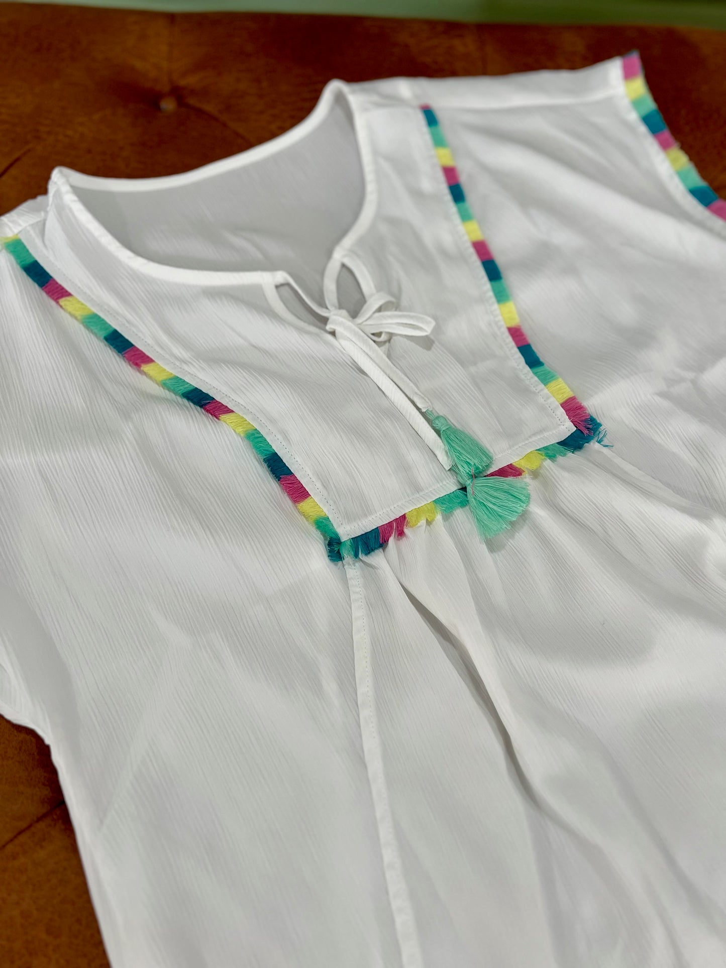White Colorful Fringed Detail Tassel Tie Neck Short Sleeve Cover Up