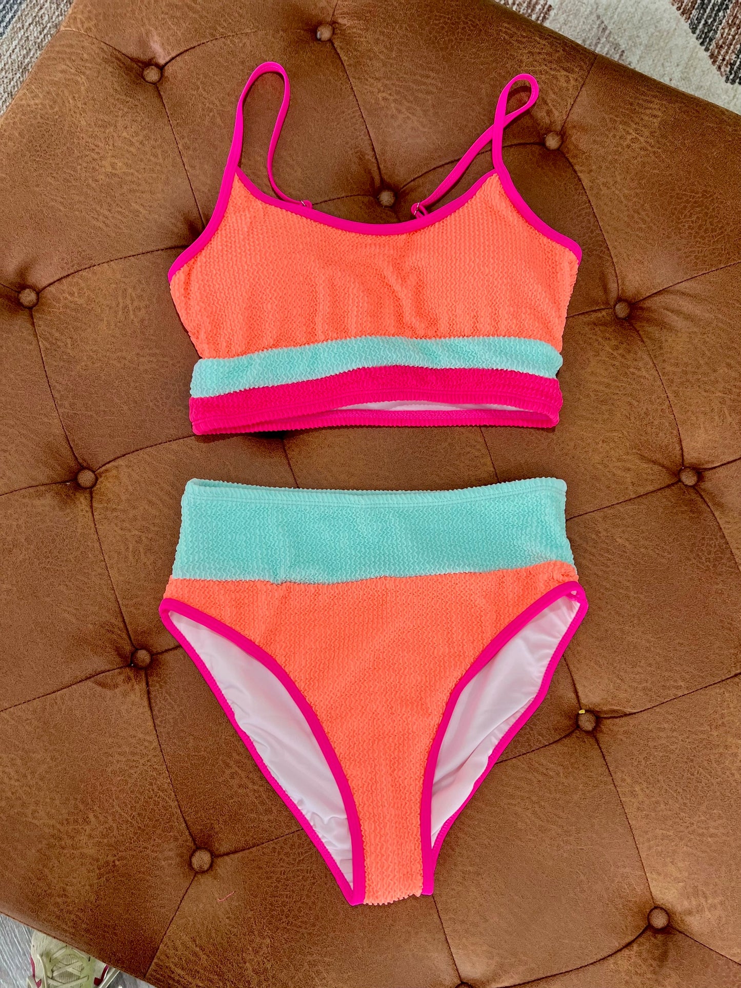 Color Block Textured High Waist Sexy Bikini Set