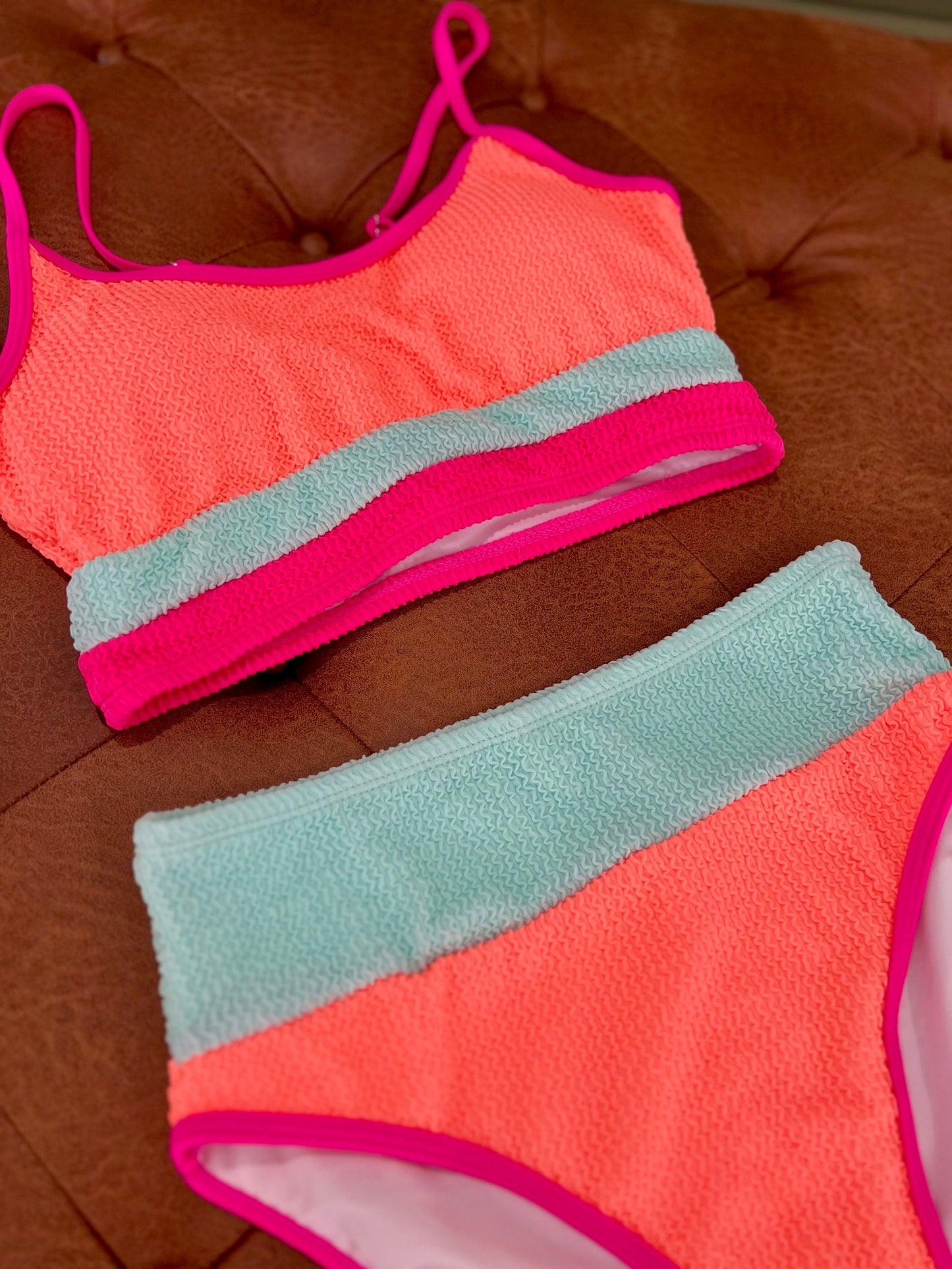 Color Block Textured High Waist Sexy Bikini Set