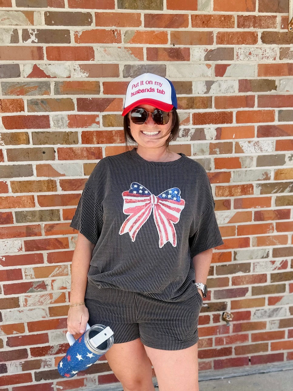 Sequin American Flag Bow Graphic Ribbed Tee and Shorts Set