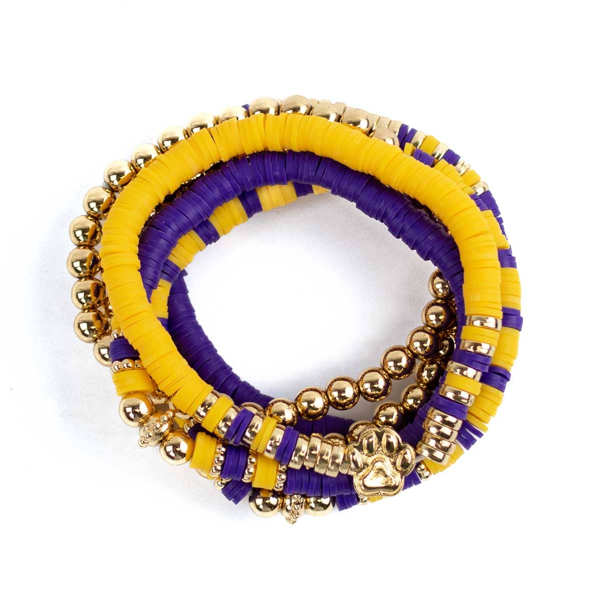 Paw Print Bead Bracelet Stack Purple/Yellow/Gold 7"