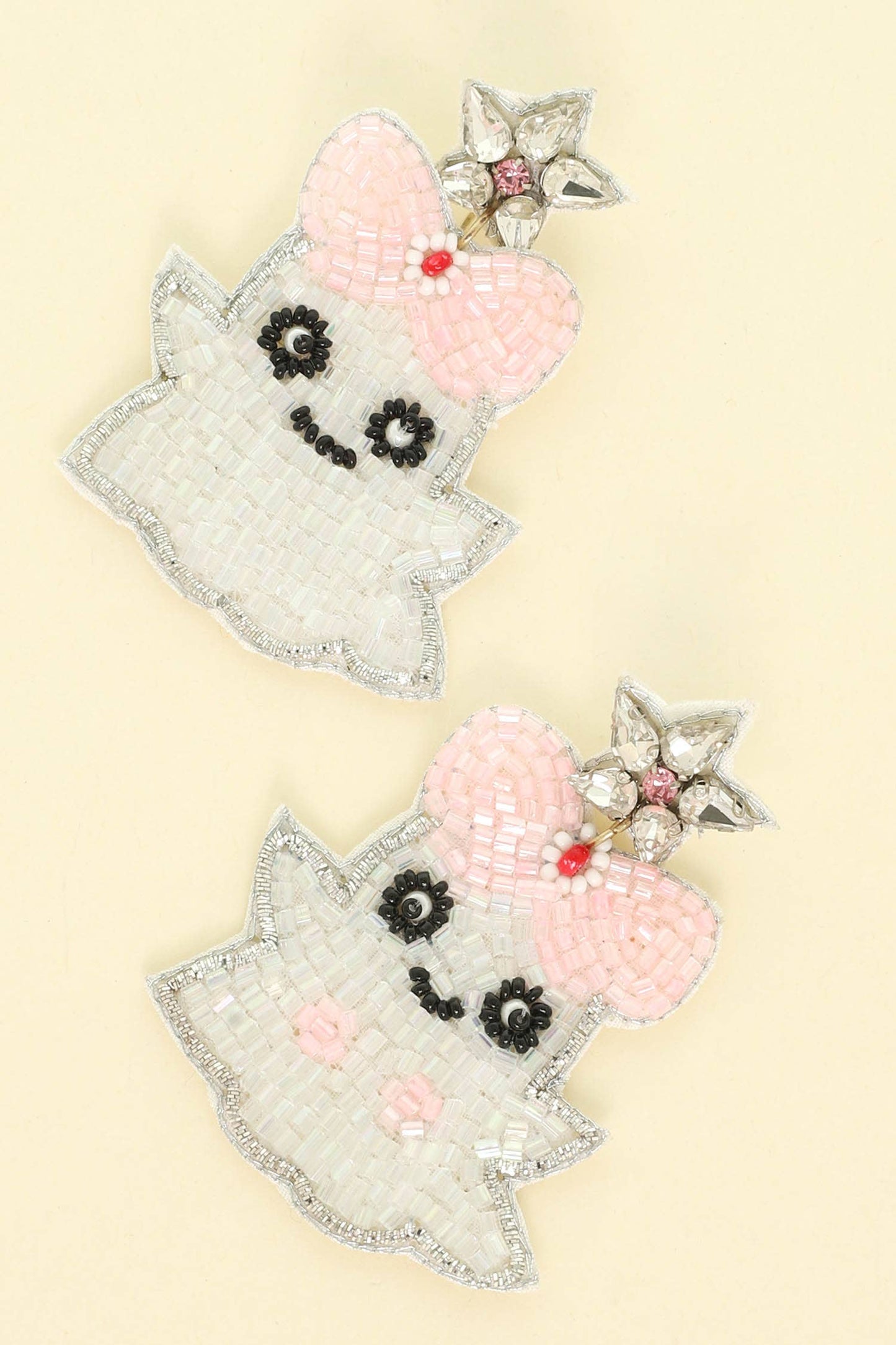 Halloween Ghost with Pink Bow Crystal Beaded Dangle Earrings