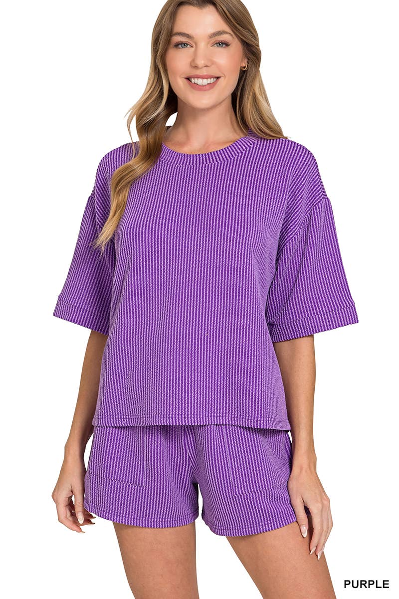 Corded Rib Short Sleeve Tee And Short Pants Set- Purple