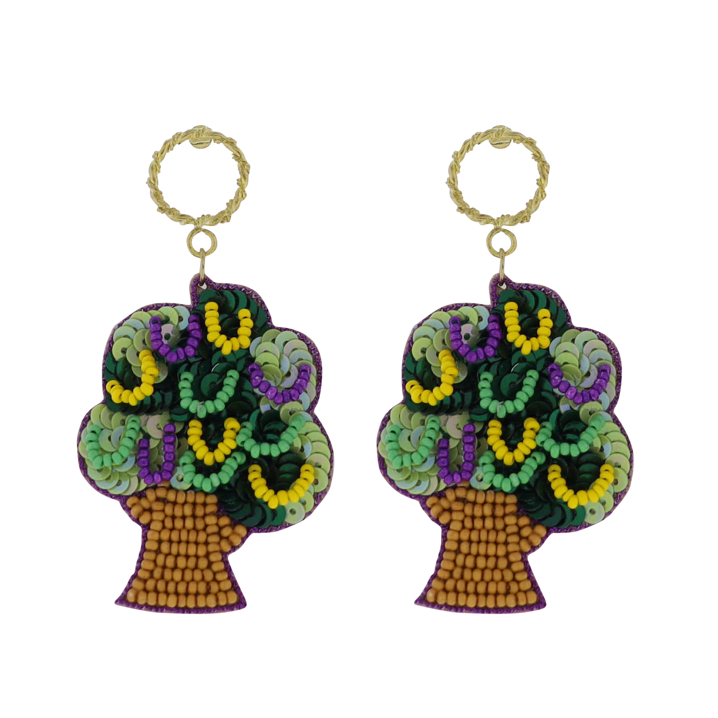 Purple, Green, Yellow Mardi Gras Tree Beaded Earrings
