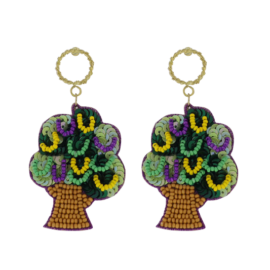 Purple, Green, Yellow Mardi Gras Tree Beaded Earrings