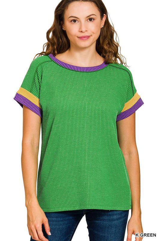 Mardi Gras Raised Rib Contrast Trim Top-green