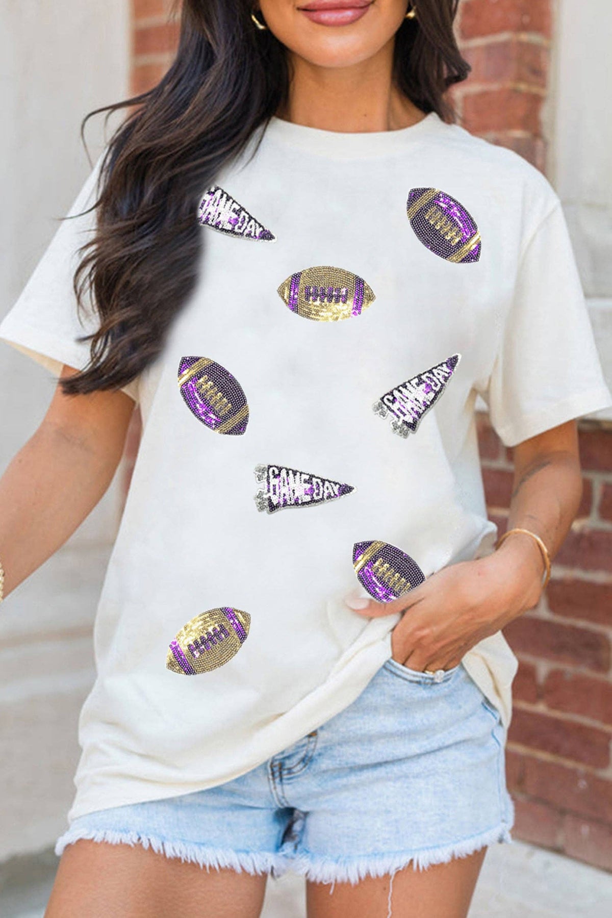 White Sequin Game Day Football Print T-Shirt