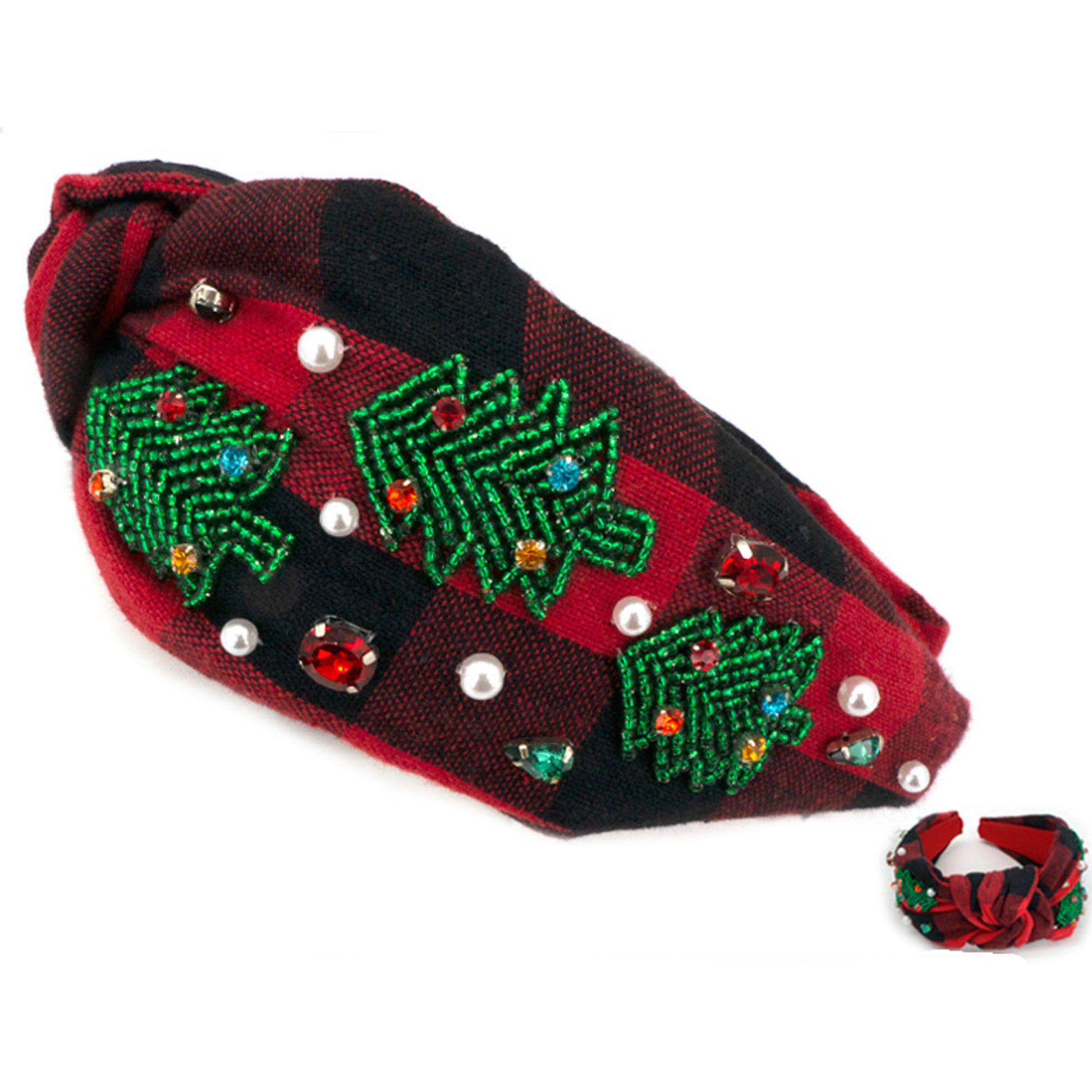 Christmas tree buffalo check knotted headband