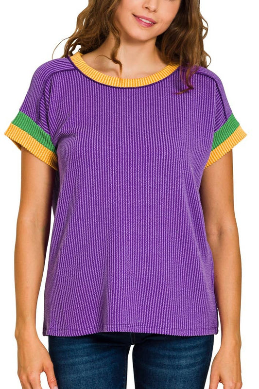 Mardi Gras Raised Rib Contrast Trim Top