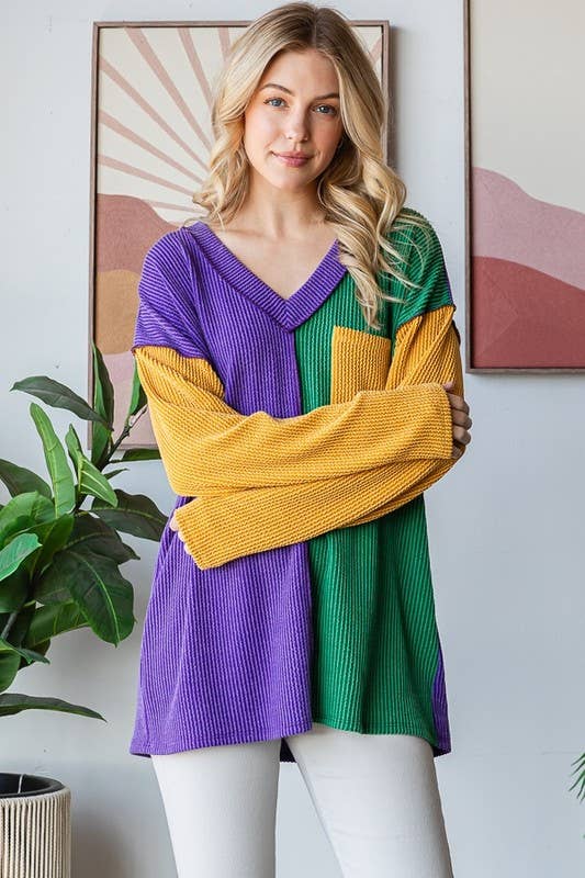 MARDI GRAS LONG SLEEVE RIB COLOR BLOCK TOP