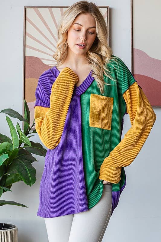 MARDI GRAS LONG SLEEVE RIB COLOR BLOCK TOP