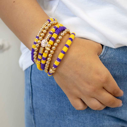 Paw Print Bead Bracelet Stack   Purple/Yellow/Gold   7"