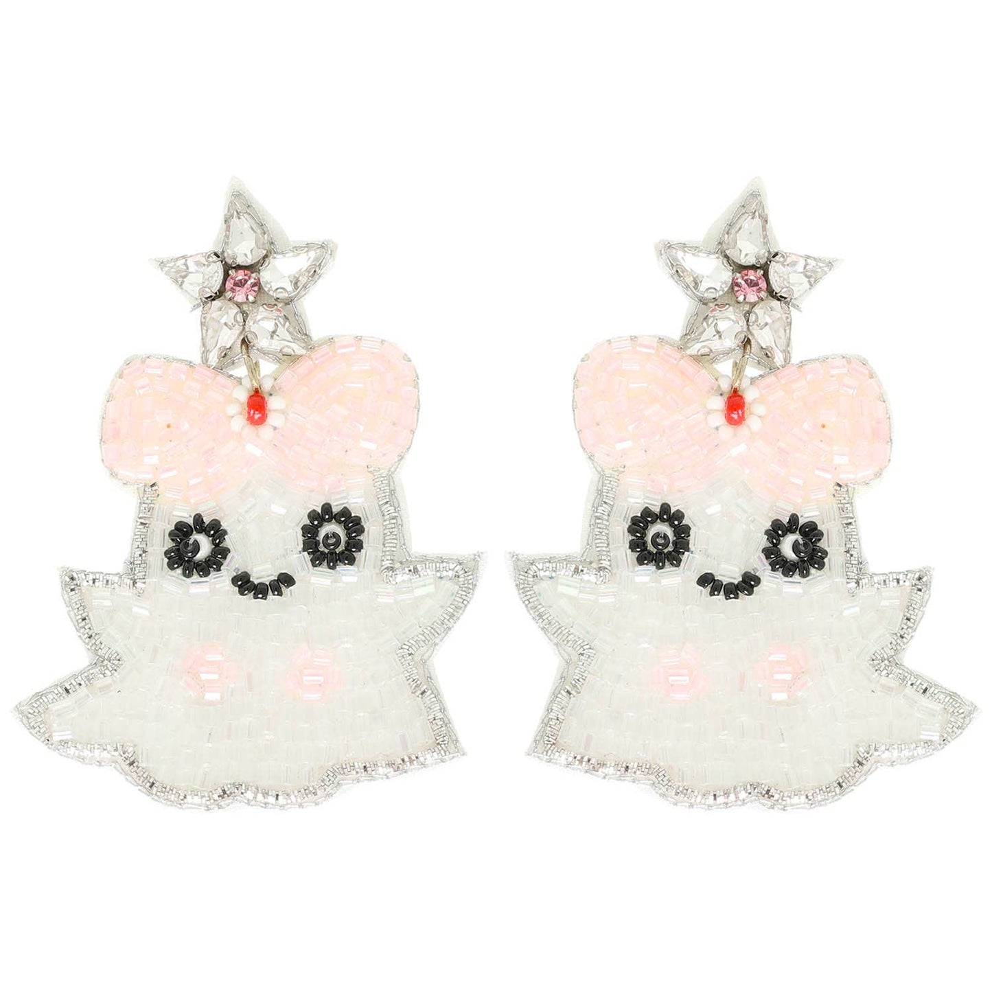 Halloween Ghost with Pink Bow Crystal Beaded Dangle Earrings