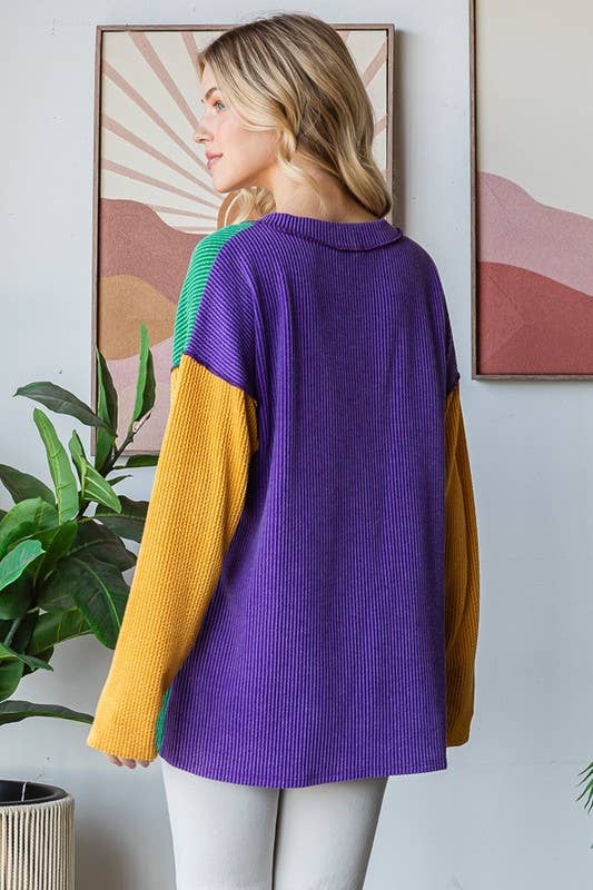 MARDI GRAS LONG SLEEVE RIB COLOR BLOCK TOP