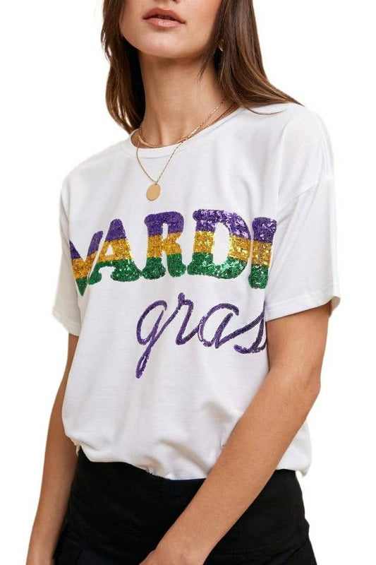 Mardi Gras Sequin Lettering Short Sleeve T-shirt