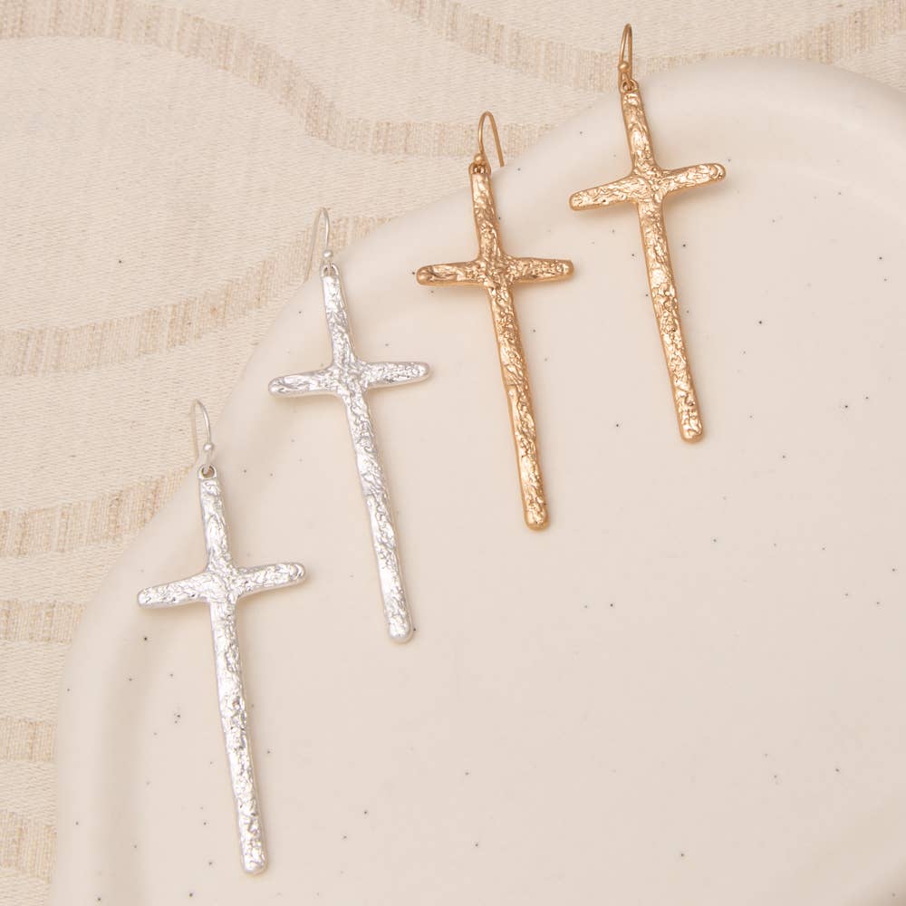 Rough Textured Finish Latin Cross Dangle Earrings