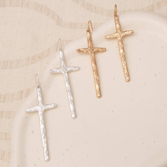 Rough Textured Finish Latin Cross Dangle Earrings