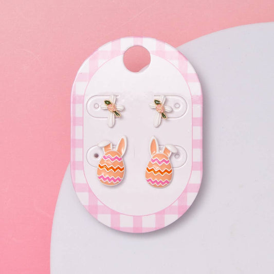 Easter Bunny Egg & Dragonfly with Flower Stud Earrings Set