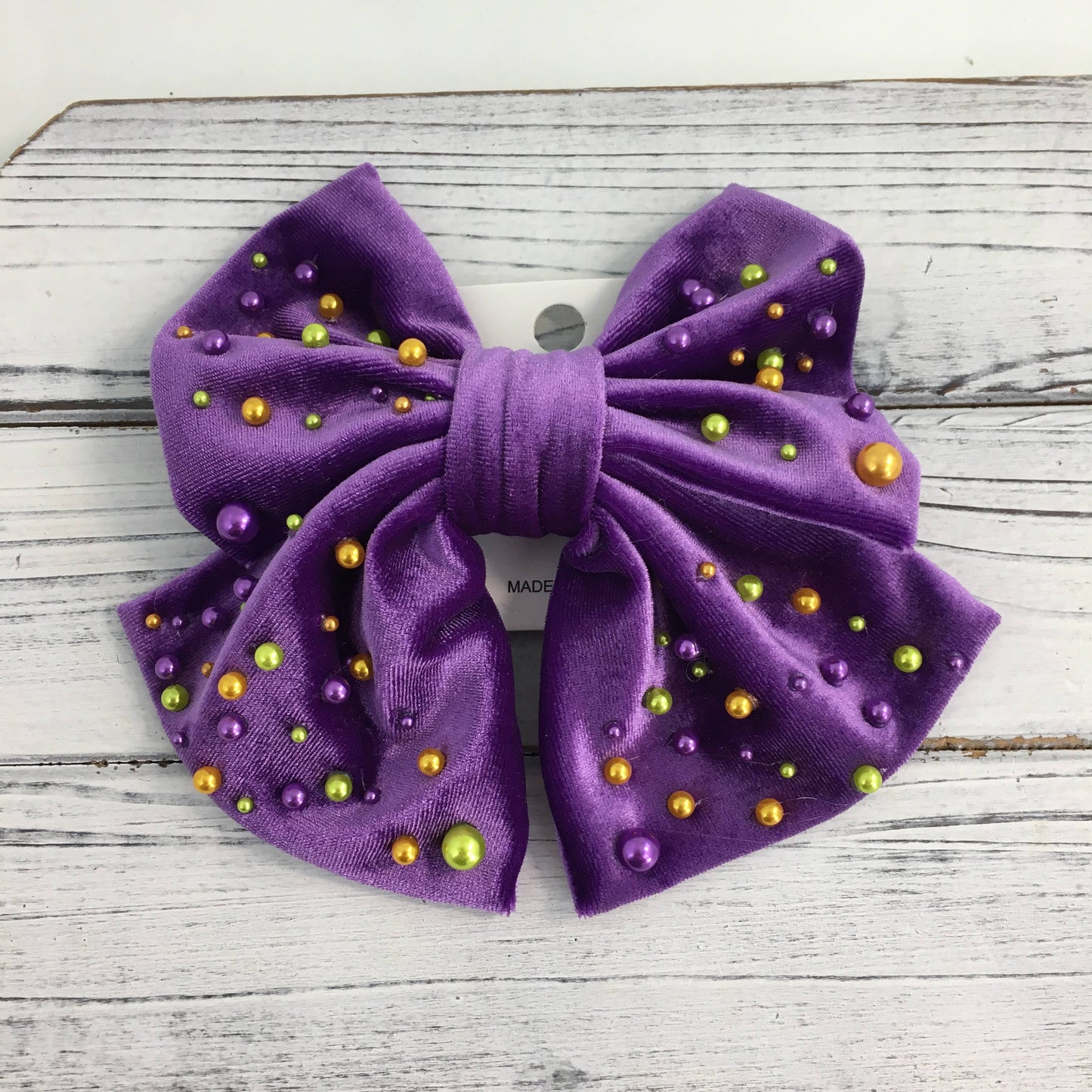 Velvet Mardi Gras Pearl hair bow