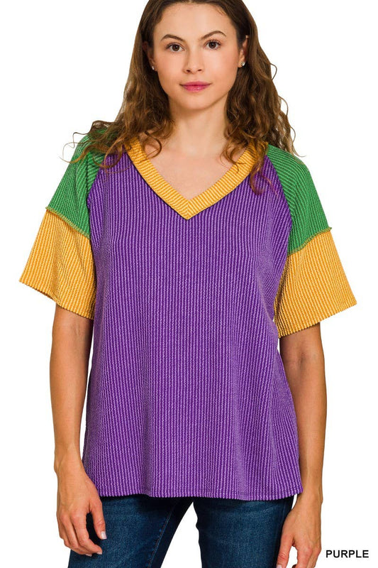 Mardi Gras Raised Rib Color Block Top-Purple