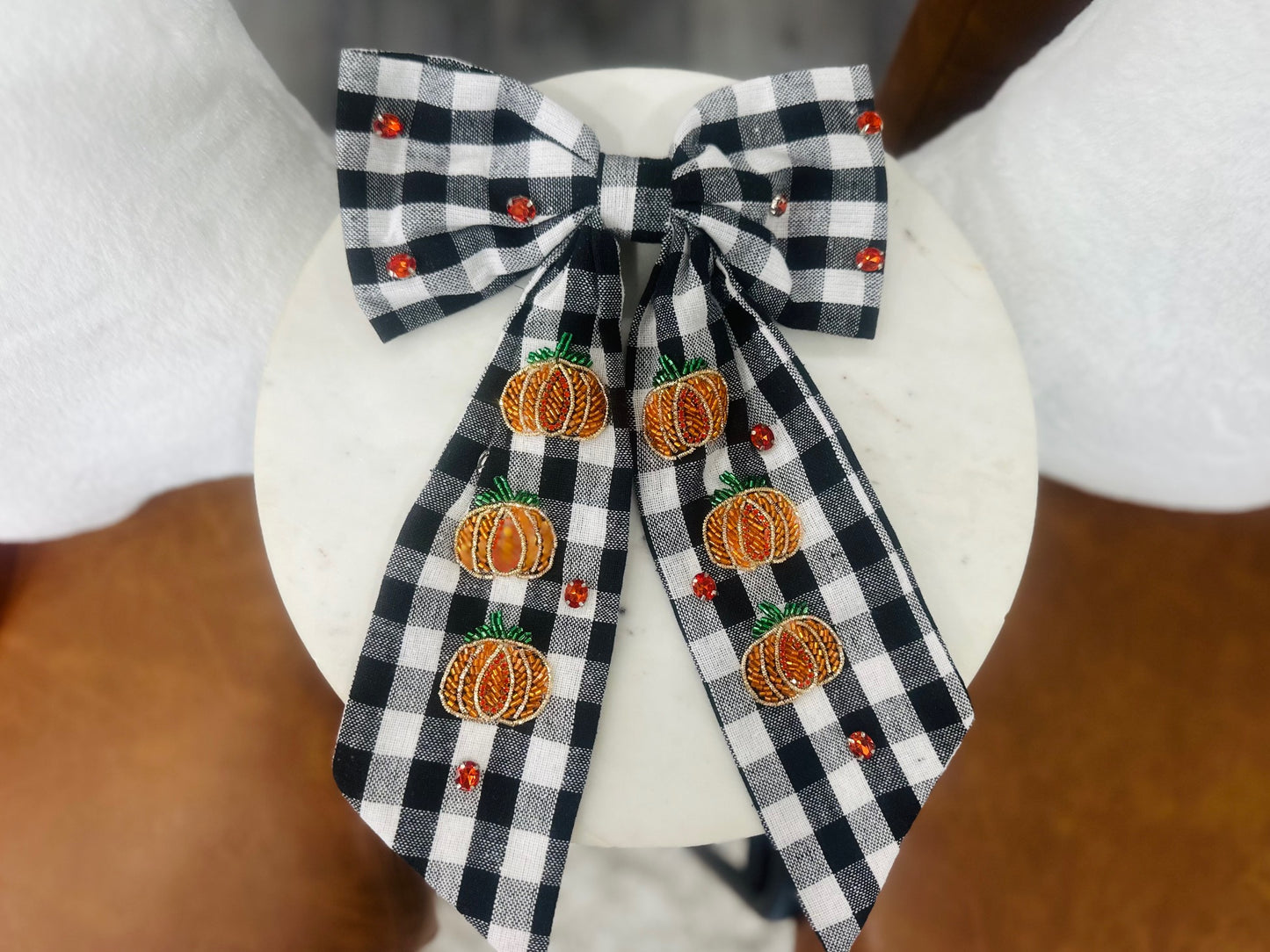 Halloween Plaid Pattern Crystal Beaded Pumpkin Bow Barrette