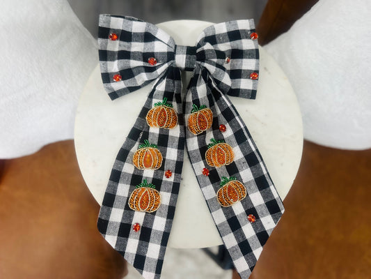 Halloween Plaid Pattern Crystal Beaded Pumpkin Bow Barrette