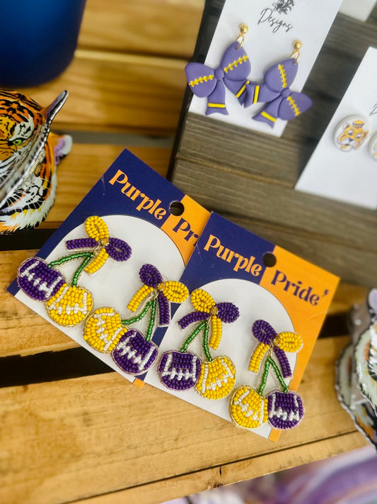 Gameday Cherry Heart Football Seed Beaded Dangle Earrings | LSU