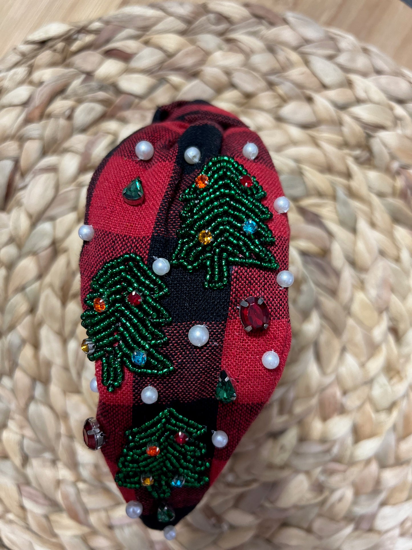 Christmas tree buffalo check knotted headband