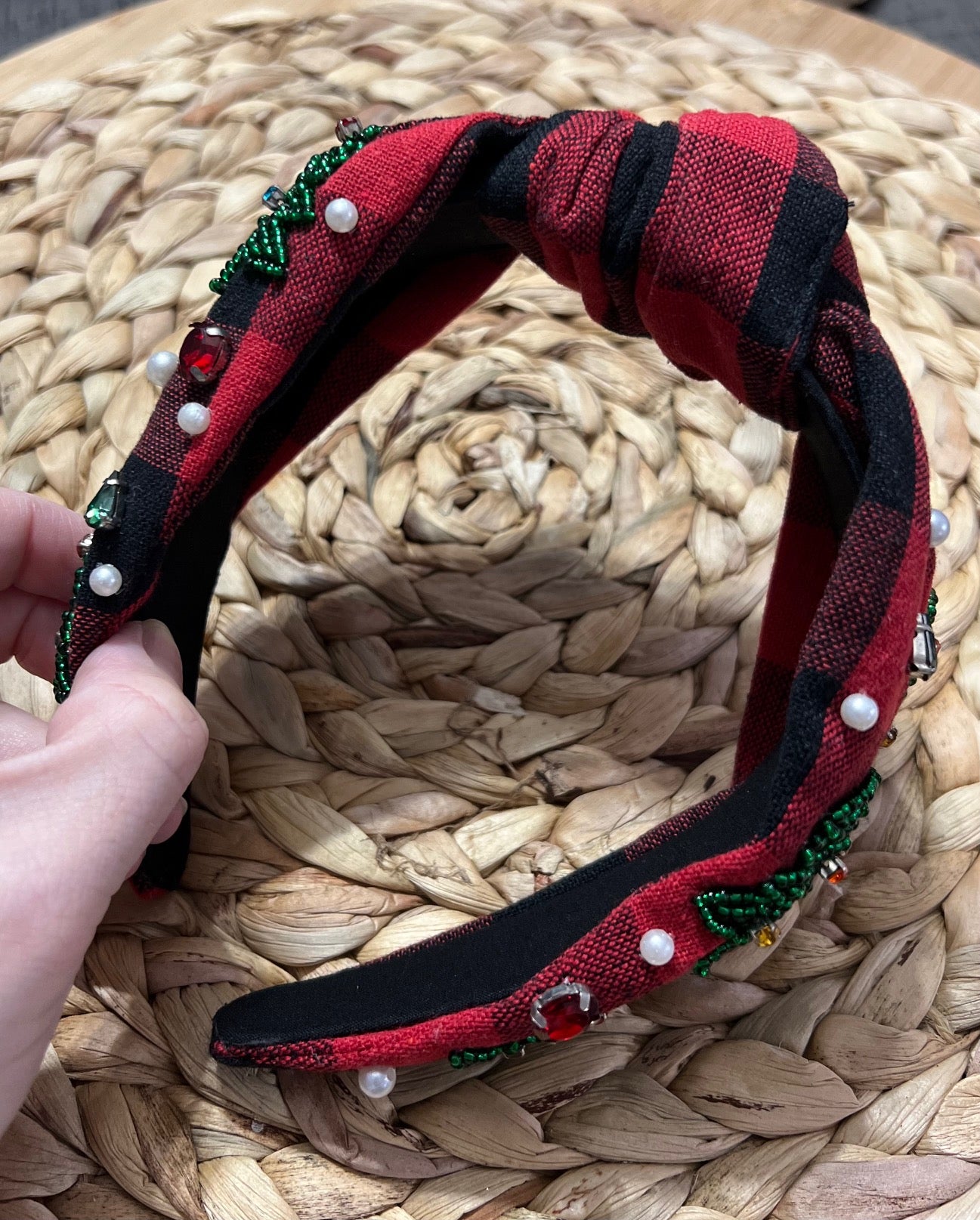 Christmas tree buffalo check knotted headband