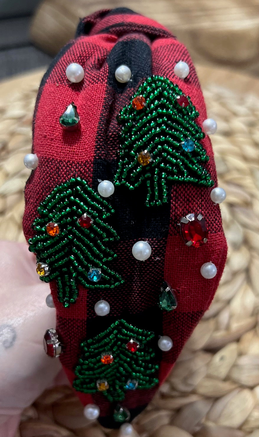 Christmas tree buffalo check knotted headband